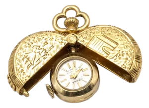 1960s Herna 14k Yg Pocket Watch With 18k Gold Engraving Hinged Cover