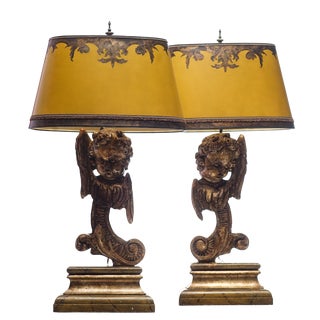 Vintage Winged Cherub Carved Walnut Lamps - a Pair For Sale