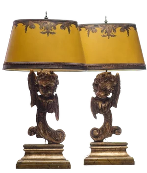 Vintage Winged Cherub Carved Walnut Lamps - a Pair