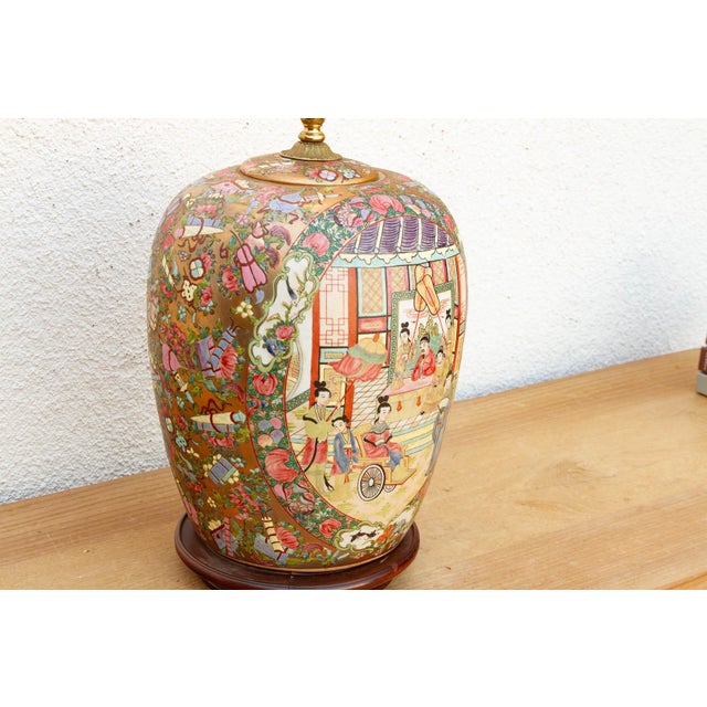 Gold Large Pavillion Court Famille Rose Lamp For Sale - Image 8 of 10