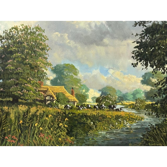 English Countryside Oil Painting with Thatched Cottage, River & Cows Grazing 1985 Circa For Sale - Image 11 of 15