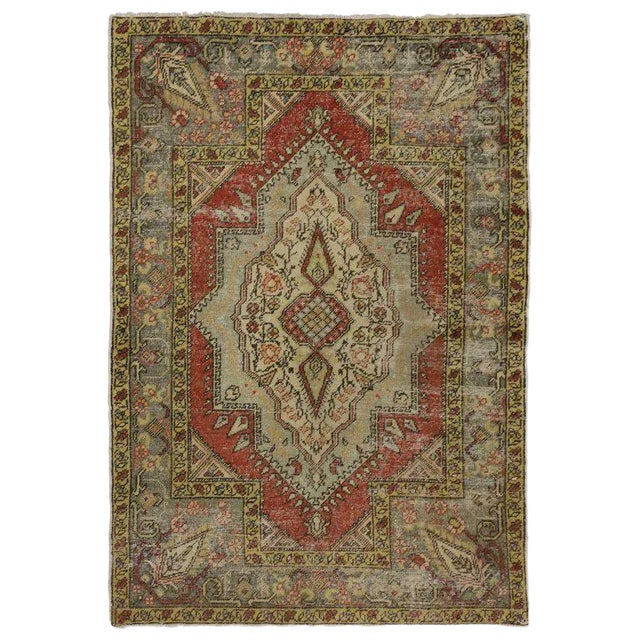 Vintage Turkish Worn-In Distressed Oushak Accent Rug - 4'2 X 6'00 For Sale