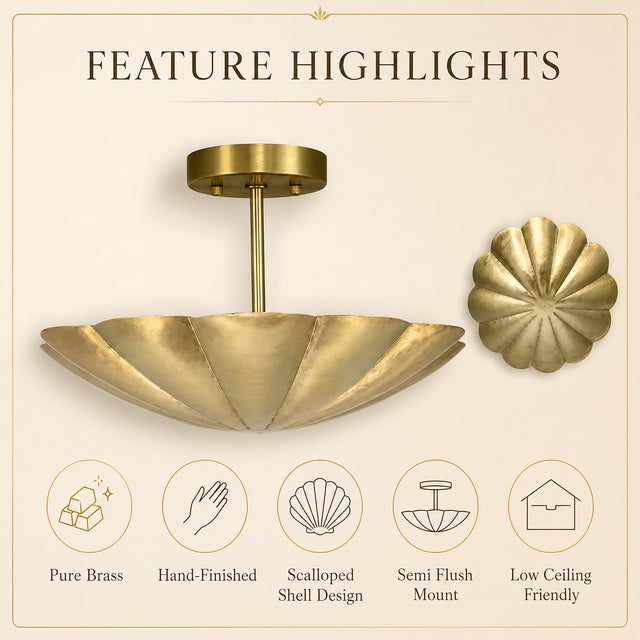 Art Deco Scalloped Brass Semi Flush Mount Ceiling Light, Hand-Finished Art Deco Fixture For Sale - Image 3 of 10