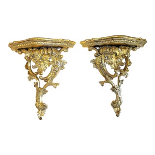 1970s Italian Carved and Gilded Rococo Wood Wall Bracket Shelves For Sale