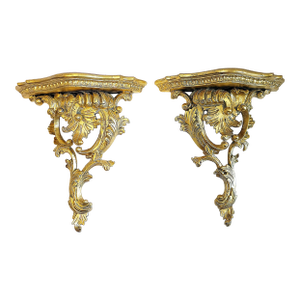 1970s Italian Carved and Gilded Rococo Wood Wall Bracket Shelves