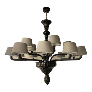 Contemporary Venetian Black Murano Glass Chandelier With Grey Shades