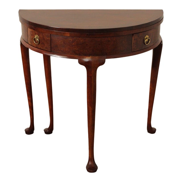 Baker Queen Anne Style Burl Walnut Demilune Games Table For Sale