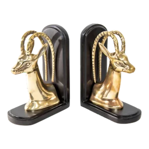 1950s Pair Art Deco Revival Polished Brass Gazelle Antelope Mount Bookends