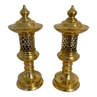 Vintage Japanese Brass Lantern Style Candleholders- a Pair For Sale