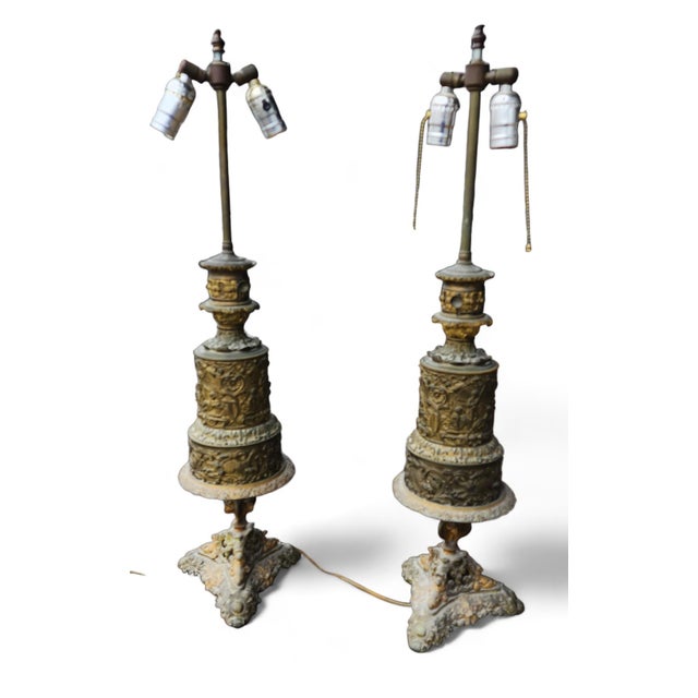 Metal Fine Pair French Mid 19th Century Converted Brass Repoussé Moderator Oil Lamps C1860 For Sale - Image 7 of 12