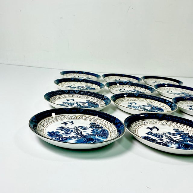 1940s Vintage Japanese Chinoiserie Hollywood Regency Blue Willow Small Plates - Set of 12 For Sale - Image 9 of 13