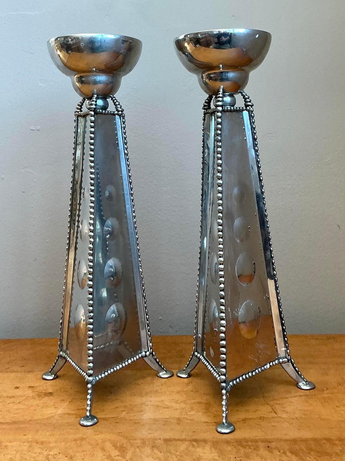 Vintage 1994 Signed Mirrored Candlestick Holders - A Pair - Detail view
