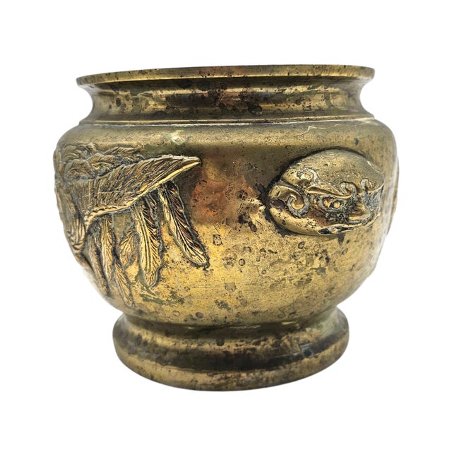 Late 19th Century Antique Chinese Brass Censer With Phoenix Motif — Restored Cachepot Planter For Sale - Image 5 of 15