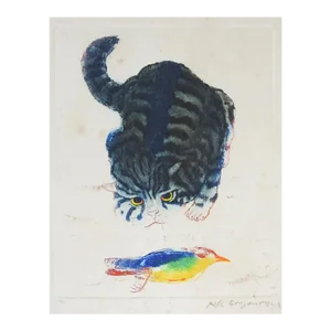 Vintage Late 20th Century Color Etching of Cat With Bird