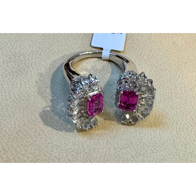 2010s 2.5 Ct Pink Emerald Cut Pink Sapphire & 2.8 Ct Diamond 18 Kt White Gold Ring S6 For Sale - Image 5 of 18
