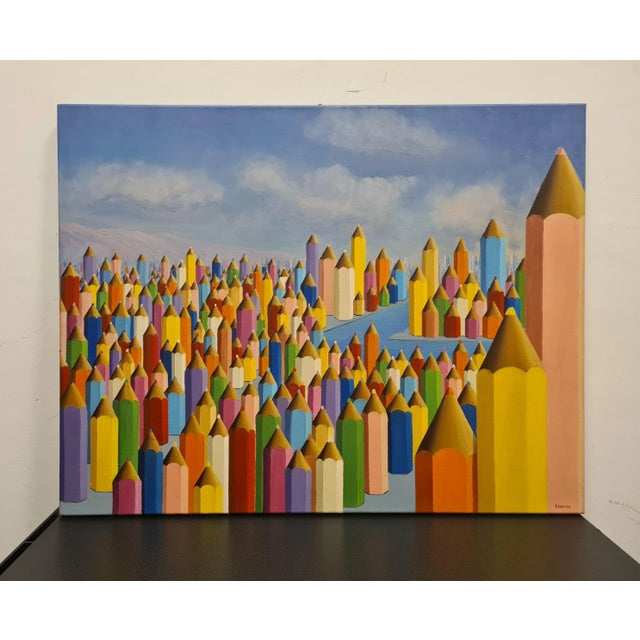 Unique work by Biellese painter Antonio Bencich. Oil painting on canvas entitled Panorama over the Metropolis and dated...