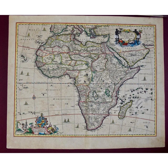 This is an 18th century hand-colored map of Africa entitled "Africae Accurata Tabula ex officina" by Nicolaes Visscher,...