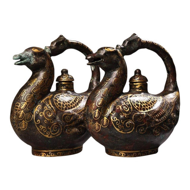 Pair of Antique Gold-Inlaid Bronze Phoenix Vessels – 8.3" Archaic Style Ewers For Sale