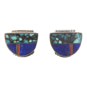 Late 20th Century Native American Sterling Turquoise Lapis Inlay Earrings