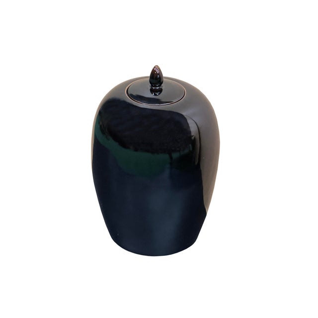Black Monochrome Minimalistic Ovoid Round Teardrop Finial Lid Ceramic Jar For Sale - Image 4 of 7