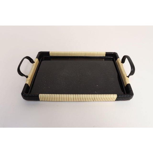 Art Deco Art Deco Cream and Black Woven Rubber Vanity/Serving Tray With Glass Surface For Sale - Image 3 of 15