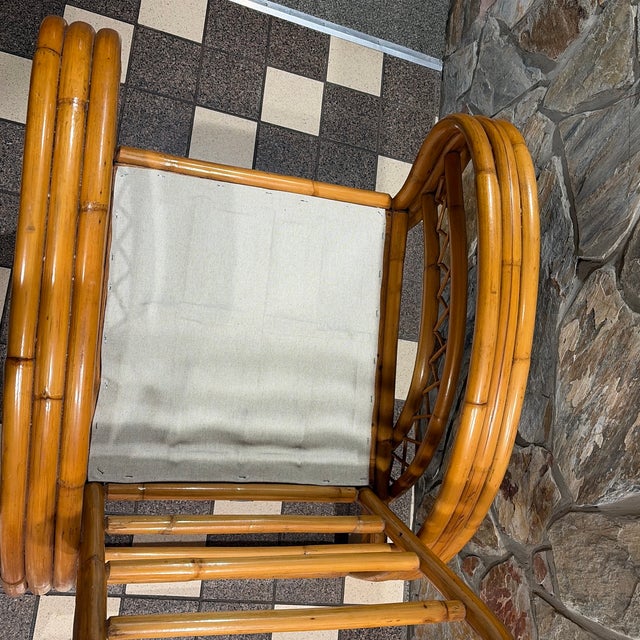Mid Century Paul Frankl Style Bent Rattan Bamboo Three Strand Pretzel Lounge Cross Hatch Pattern For Sale - Image 6 of 8