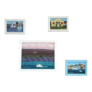 1988-1992 'Set of 4 Paintings' Vintage Original Naïve Style Small Original Landscape Oil Paintings, Framed For Sale
