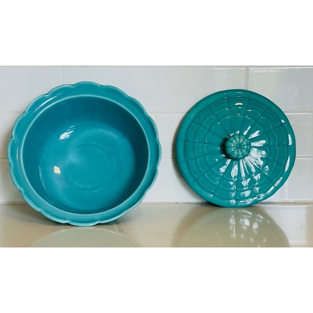 Mid 20th Century Mid 20th Century Turquoise Ceramic Bowl With Lid, Vintage For Sale - Image 5 of 15