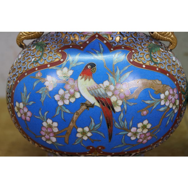 Antique Chinese Champleve Cloisonne Double Gourd Turquoise Mantel Vases Urns 12" For Sale - Image 6 of 17