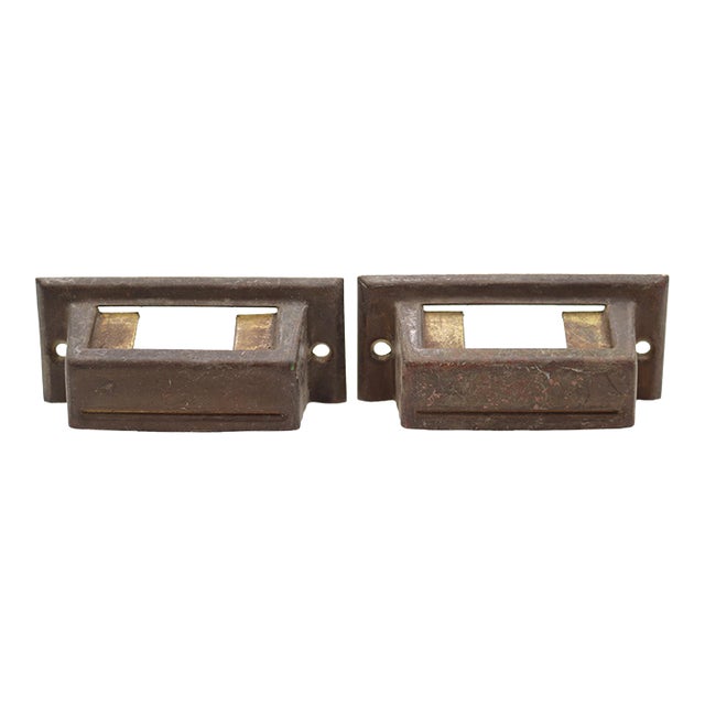 Pair of Antique 3.375 In. Brass Bin Pulls With Label Slot For Sale