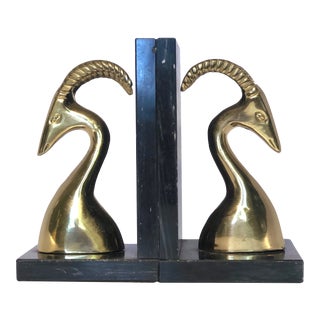 Mid Century Modern Brass and Marble Rams Head Bookends - a Pair For Sale