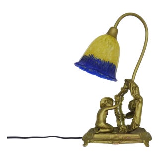 Antique Bronze Table Lamp with Painting on Mirror, 1960s For Sale