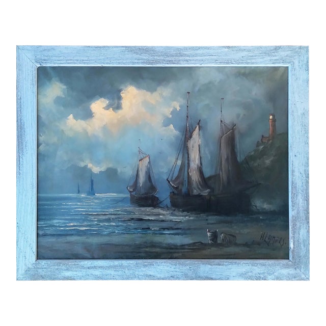 Mid 20th Century "Scapa Flow" Marine Seascape Oil Painting Signed Herman Lamers (1918–1988) For Sale