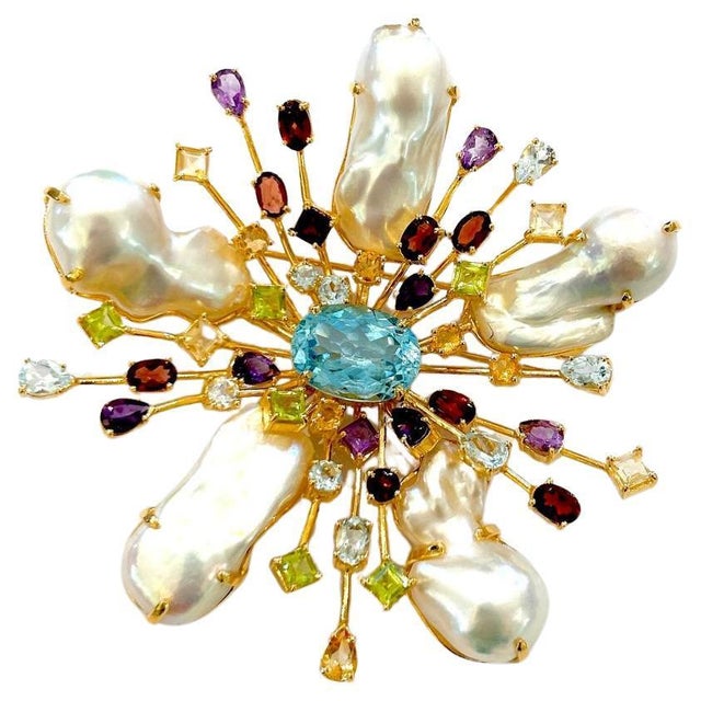 Bochic "Orient" Vintage Blue Topaz & Multi Gem Brooch Set In 18K Gold & Silver For Sale - Image 17 of 18