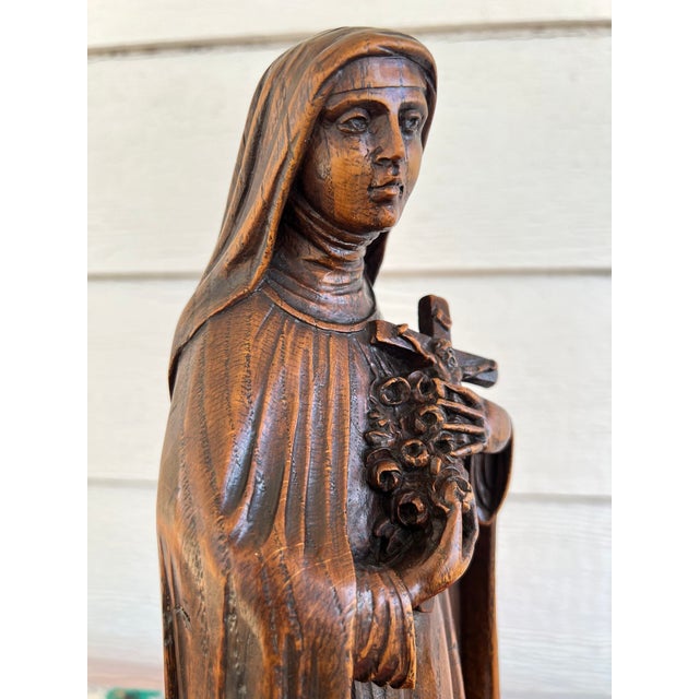 Brown Antique French Carved Oak Statue Niche St. Thérèse Gothic Shrine C1930 For Sale - Image 8 of 18