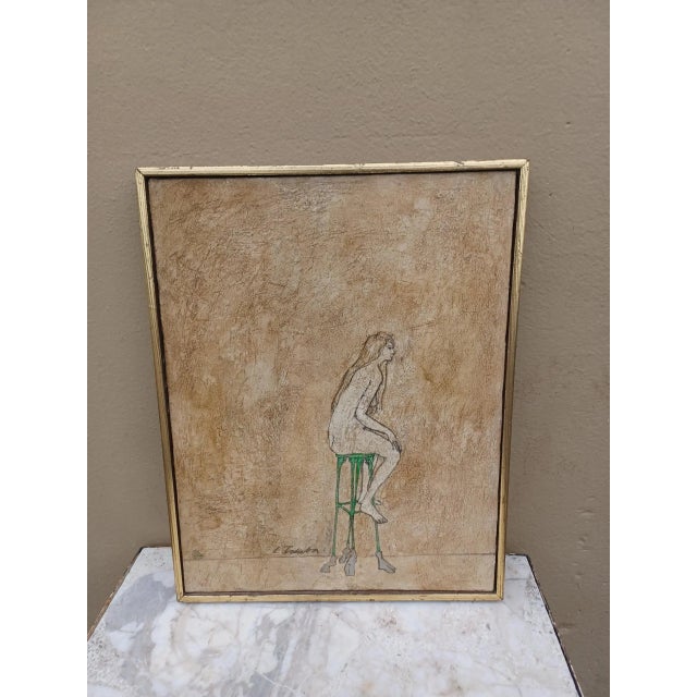Vintage Mid 20th Century Oil Painting of Woman on Stool For Sale - Image 4 of 4