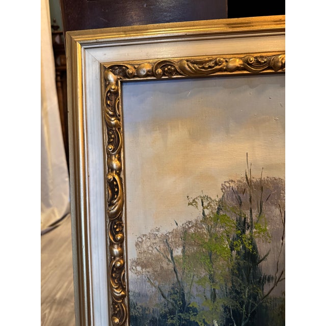 Traditional Vintage Mid-Century Landscape Oil Painting on Board, Signed “C. Fai” – Framed River Scene, 1950s–1960s [Sr] For Sale - Image 3 of 8