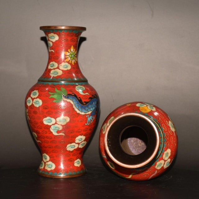 Pair of Vintage Chinese Cloisonné "Dragon & Phoenix" Vases - 1083g For Sale In Los Angeles - Image 6 of 9