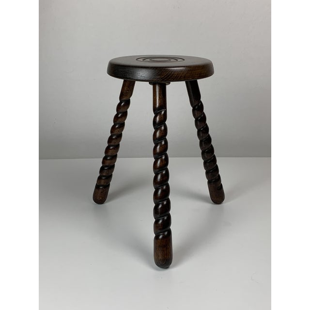 Charles Dudouyt Mid-Century Modernist French Brutalist Wood Turned Tripod Stools, 1950s, Set of 2 For Sale - Image 4 of 18