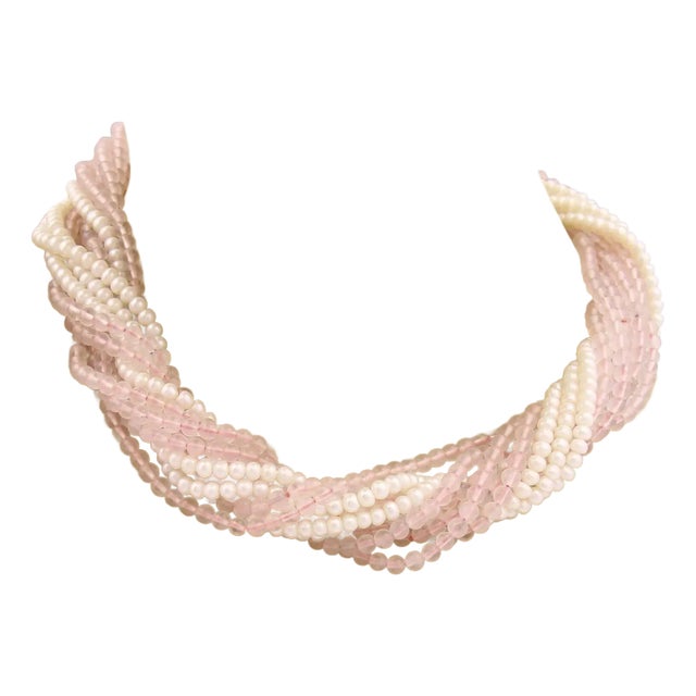 Tiffany & Co. Sterling Silver 11 Strand Pearls & Pink Quartz Necklace For Sale