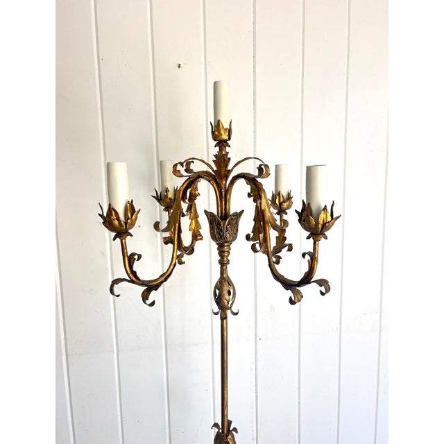 1950s-60s Italian tole gilt candelabra floor lamp. Excellent condition. Measures 58" tall at tallest point and 15" x 15"...