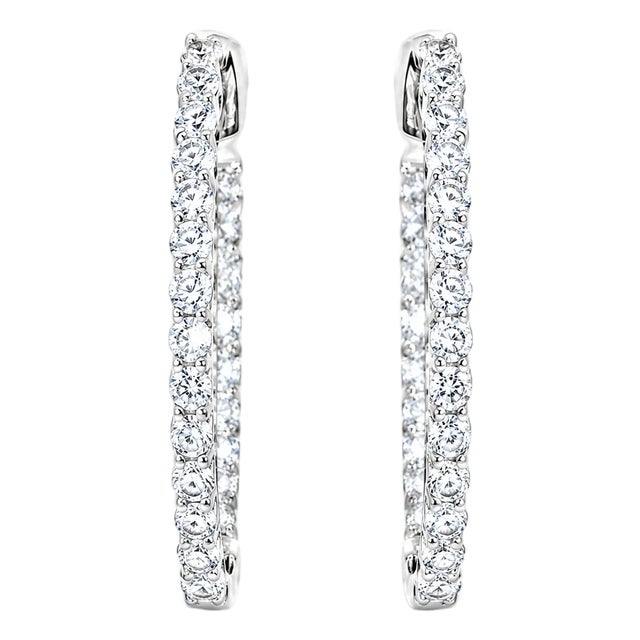 Late 20th Century 14K White Gold Estate Diamond Inside Outside Hoop Earrings, Pair For Sale