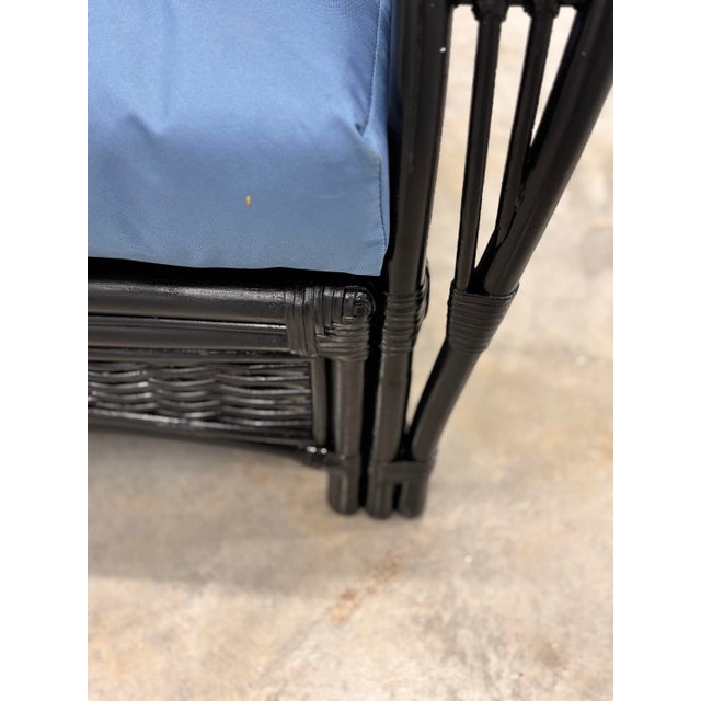Vintage Rattan Lounge Chair in Black Enamel. McGuire-Style Leather Bindings and Stick Reed Details. Performance Cushions, Professionally Refurbished. For Sale - Image 9 of 9