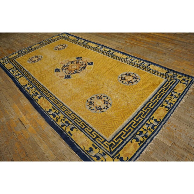 Chinese 1750s Classic Yellow Greek Key Antique Chinese Ningxia Hallway Runner Wool Rug For Sale - Image 3 of 10