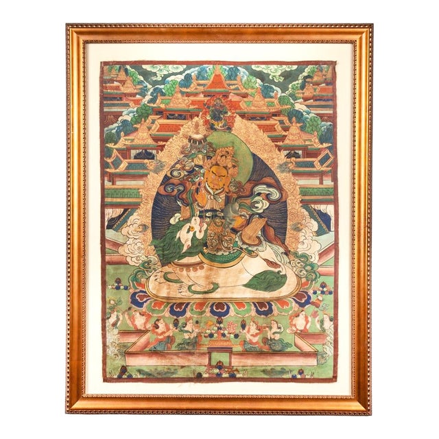 19th Century Tibetan Thangka of the Guardian of the North and God of Wealth For Sale