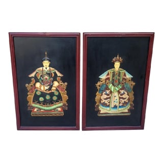 Vintage Large Chinoiserie Colored Stones Emperor Empress Black Burgundy Framed Wall Art- A Pair For Sale