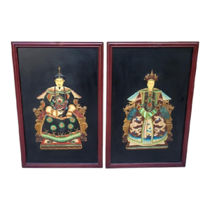Vintage Large Chinoiserie Colored Stones Emperor Empress Black Burgundy Framed Wall Art- A Pair