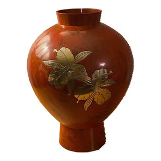 1970s Vintage Large Japanese Copper Bronzeware Vase With Brass Inlaid Orchids For Sale