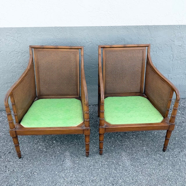 Vintage Hollywood Regency Faux Bamboo and Cane Green Tufted Lounge Chairs For Sale In West Palm - Image 6 of 12