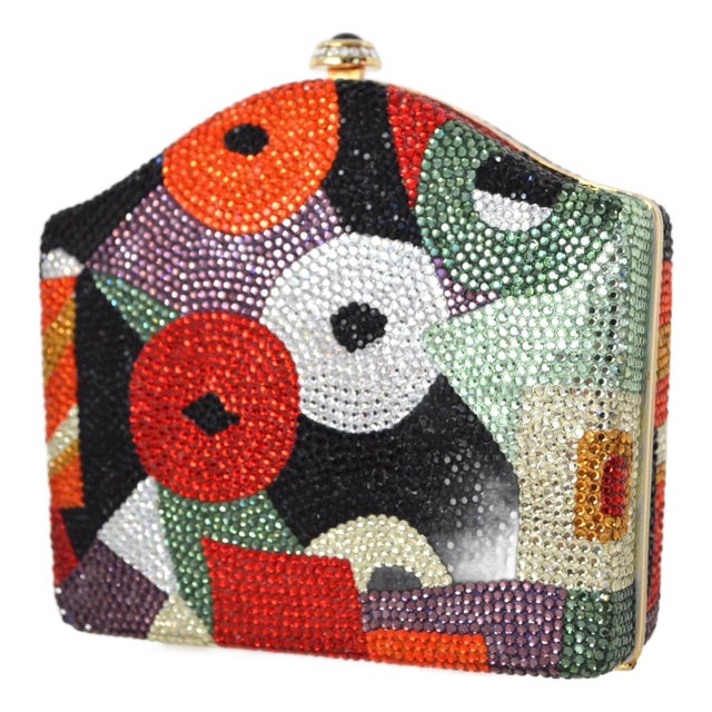 1990 Judith Leiber Evening Bag Vintage Pop Art Deco Red Black Green Gold Crystal Minaudière Clutch Shoulder Vintage For Sale